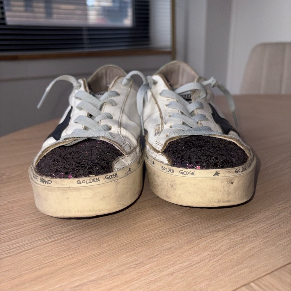 Golden Goose Hi Star White Leather Sneakers with Purple Glitter and Black Star - Picture 6 of 15